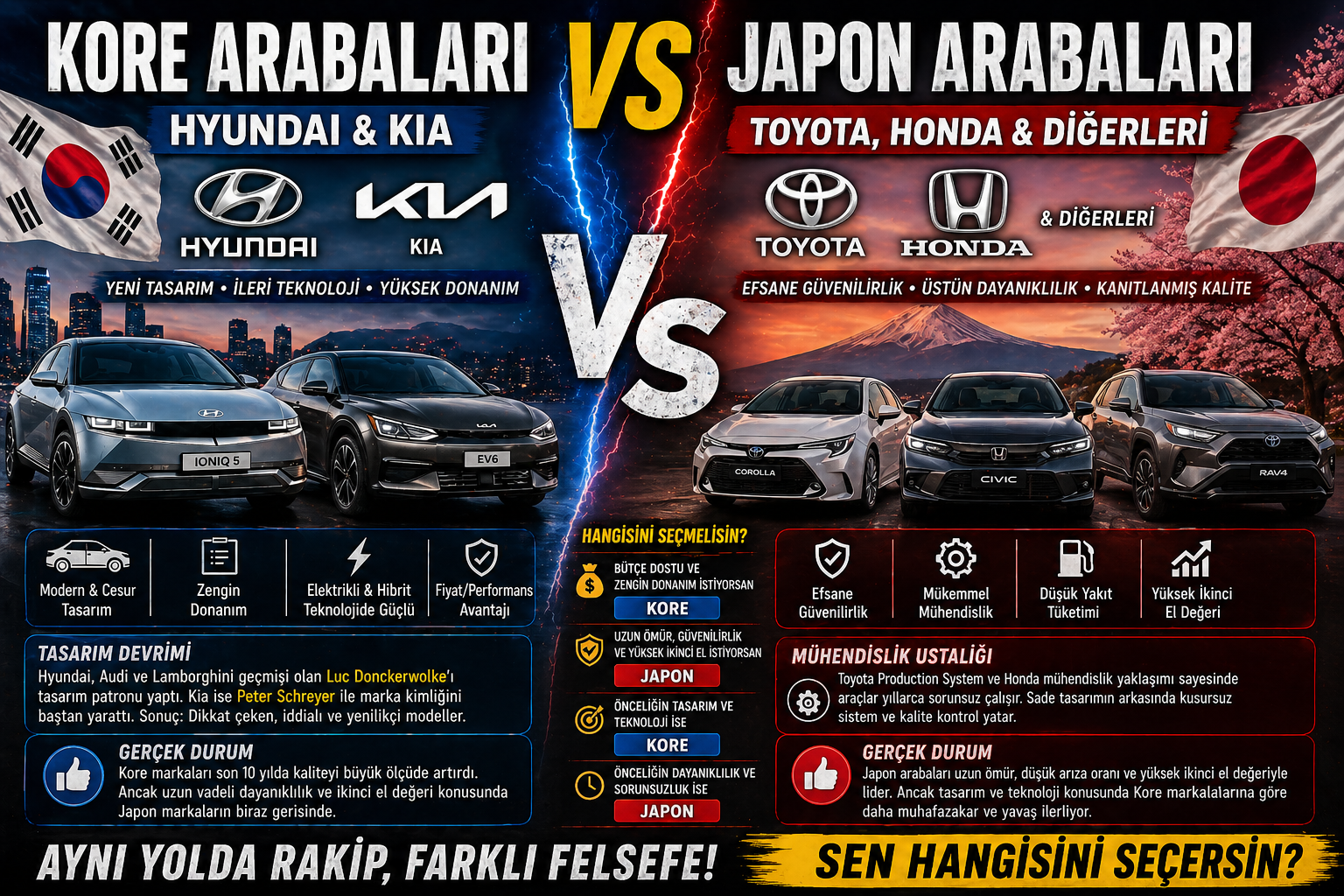 Kore vs Japon Arabaları: Gerçekten Hangisi Daha İyi? Tasarım, Mühendislik ve Dayanıklılık Üzerinden Derin Analiz